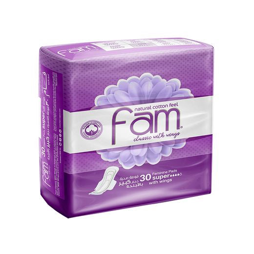 Fam Maxi Classic Super Sanitary Pads with Wings, 30 Pads