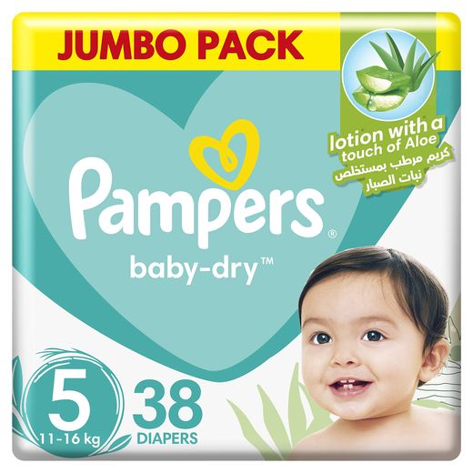 Pampers Baby-Dry Diapers with Aloe Vera Lotion & Leakage Protection Size 5 Diapers 11-16kg, 38 Count