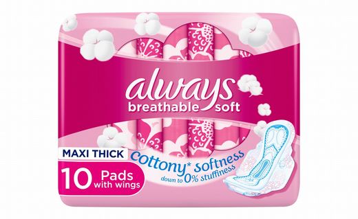 Always Breathable Soft Maxi Thick Pads with Wings, 10 Pads