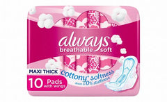 Always Breathable Soft Maxi Thick Pads with Wings, 10 Pads