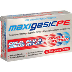 Maxigesic Pe Cold, Flu & Sinus Relief Triple Action 20 Film Coated Tablets