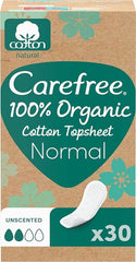 Carefree 100% Organic Cotton Liners, Dermatologically Tested, Fragrance Free, Normal Size, 30 Pieces