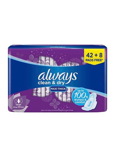 Always Cool & Dry No Heat Feel Maxi Thick Large Sanitary Pads with Wings Value Pack, 50 Pieces