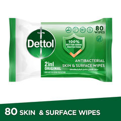 Dettol Original 2 in 1 Antibacterial Skin and Surface Wipes for 100% Better Germ Protection, 80 Count