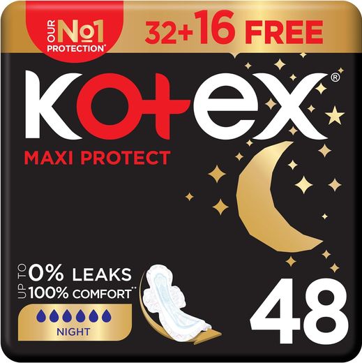 Kotex Maxi Protect Thick Pads, Overnight Protection Sanitary Pads with Wings, 48 Sanitary Pads